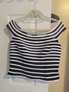 JS Collections Sz14 Black and White Striped Mesh Off or On-Shoulder Crop Top